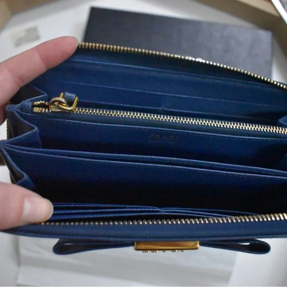 Prada Blue Wallet with Gold Accents